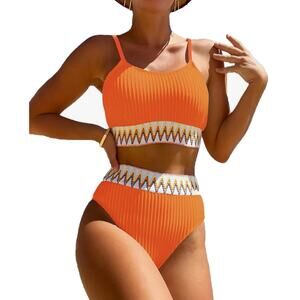 Zuvebamyo Orange Crop Top Cheeky Bottom Ribbed Bikini Bathing Suits NEW Size S